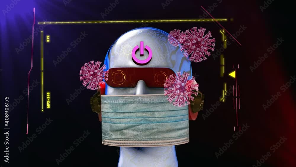 representación de robot androide con mascarilla escaneando virus