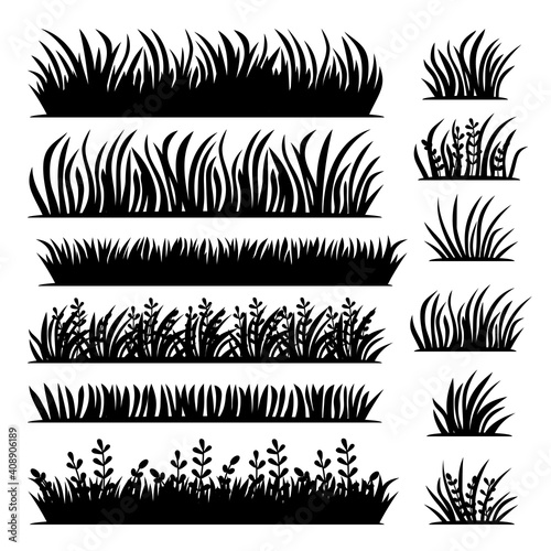 Long and short vector tufts of grass in black color with texture in flat style. Vector illustration
