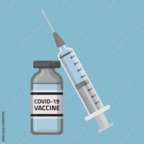 Covid-19 coronavirus vaccine. Syringe and vaccine vial flat icons. Treatment for coronavirus covid-19. Immunization and treatment. Vector illustration grey.
