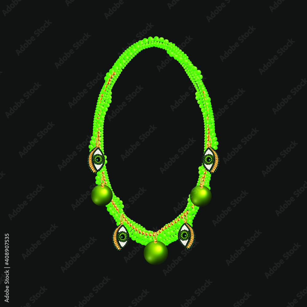 Green beaded necklace with creative pendants. 3d vector illustration. Green beaded necklace with creative pendants. 3d vector illustration.