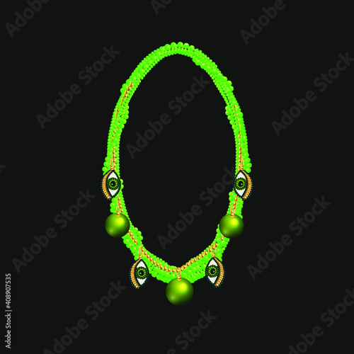 Green beaded necklace with creative pendants. 3d vector illustration.