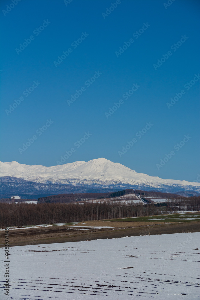 雪が残る畑作地帯と雪山　大雪山
