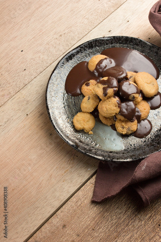 Delicious Asian small cookies with melting chocolate.