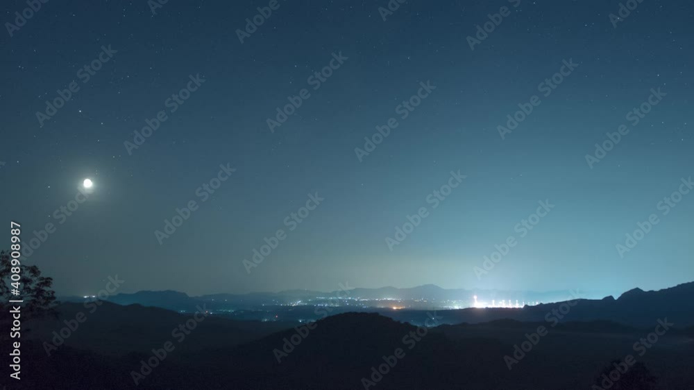 Time lapse in 4k video. The phenomenon of star arrangement (Saturn, Moon, Venus, Jupiter) in the misty night sky on a hill, long exposure, Mae Moh, Lampang, Thailand. Time lapse in 4k video. The phenomenon of star arrangement (Saturn, Moon, Venus, Jupiter) in the misty night sky on a hill, long exposure, Mae Moh, Lampang, Thailand.