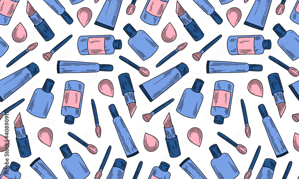 Vector illustration of beauty accessories and skin care products. Face and body care concept. Outline or doodle drawing Vector illustration of beauty accessories and skin care products. Face and body care concept. Outline or doodle drawing