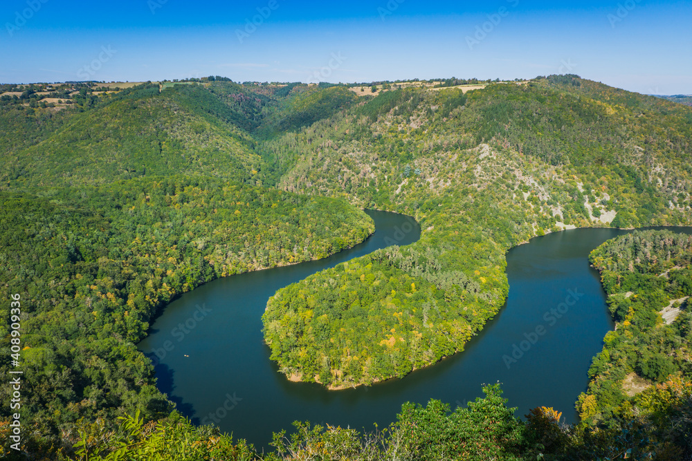 Fototapeta premium View on the Sioule river meander in Queuille, Auvergne (France)