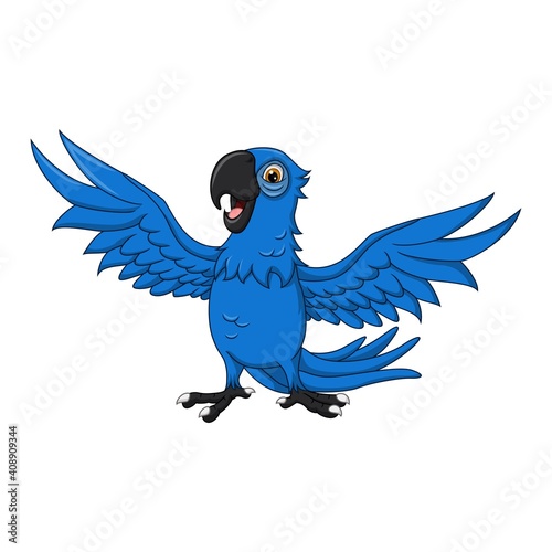 Cartoon happy blue macaw on white background