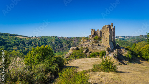 View on the ruins of Chateau Rocher  an 11th century castle that stands over the Sioule river gorge