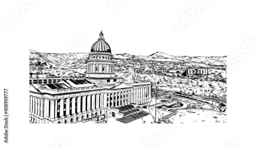 Building view with landmark of Salt Lake is the 
city in Utah. Hand drawn sketch illustration in vector.
