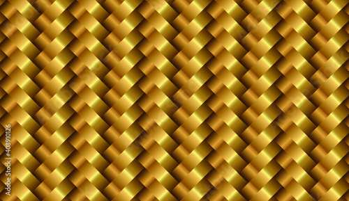 3D Golden wicker pattern. Luxury woven texture.Metallic weave ribbons.Abstract jewelry background.Gold metal ornament. Interlacing surface.Decoration for design.Vector illustration.