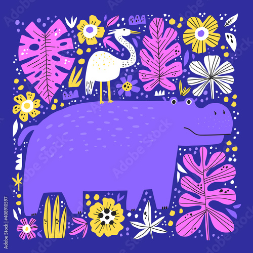 Cute hippo and bird flat vector illustration. Funny exotic animals hand drawn characters. Adorable hippopotamus, friendly behemoth isolated on blue background. Childish t shirt print design