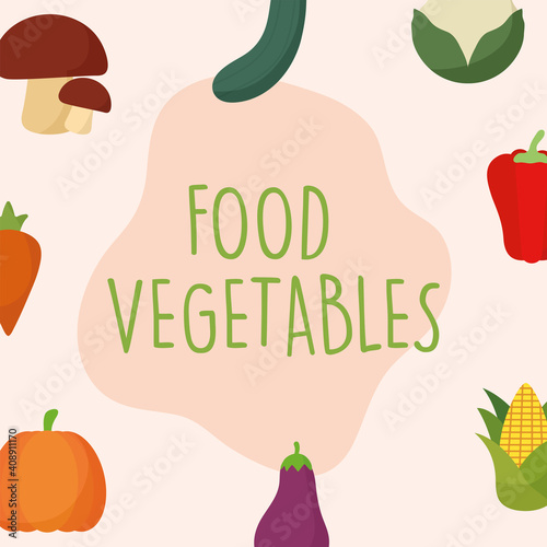 food vegetables lettering with a set of vegetables icons on a pink background photo