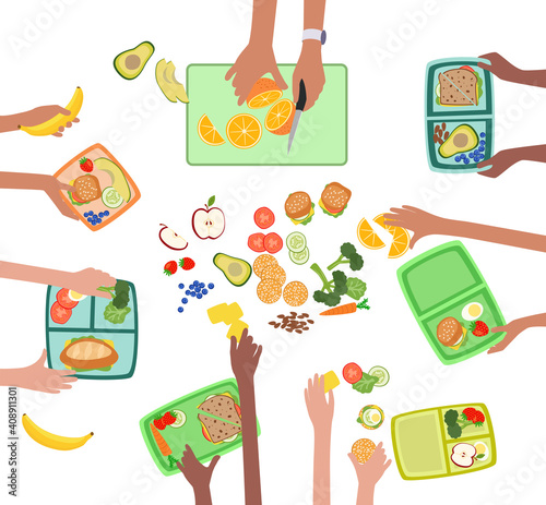 Children hands making healthy lunch for kids school lunchbox