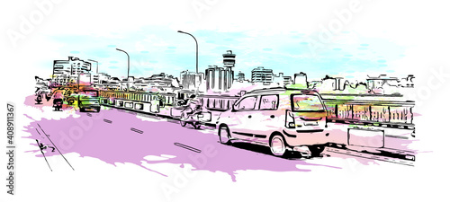Building view with landmark of Surat is the
city in India. Watercolor splash with hand drawn sketch illustration in vector.