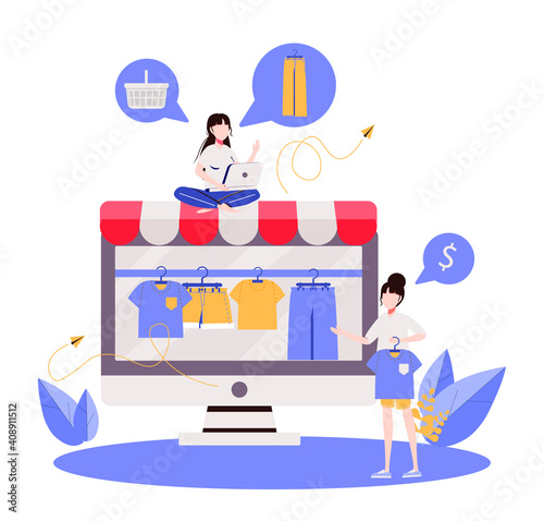 Brand or Product Promotion with Blogger Recommendation, Marketing Campaign in Social Media, Women Clothing Shopping on Sale Concept. Blogger Shopping, Reviewing Goods Trendy Flat Vector IllustrationBr