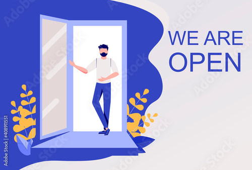 We are working again after coronavirus.Small business.The end of quarantine.Welcome back after pandemic.Man opens a door in cafe, shop,store,bakery.Reopening.Cute Flat Vector Illustration.We're open.