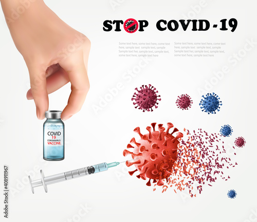 Hand holding bottle with vaccine destroying virus molecule. Covid-19 virus vaccination with syringe injection tool for covid19 immunization treatment. Vector