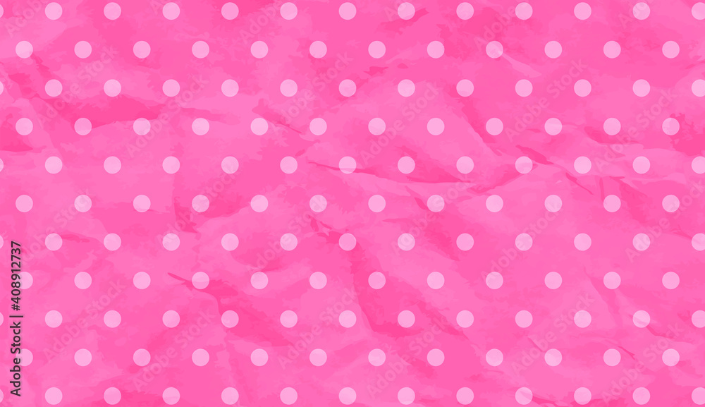 Romantic pink background crumpled paper with Bright Polka Dot white. Pastel Color Crumpled Paper background. Simple Creative Creased Paper Design. Rose gold, pink gold. Vector illustration