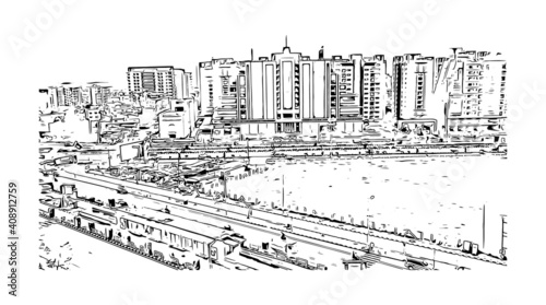Building view with landmark of Surat is the
city in India. Hand drawn sketch illustration in vector.