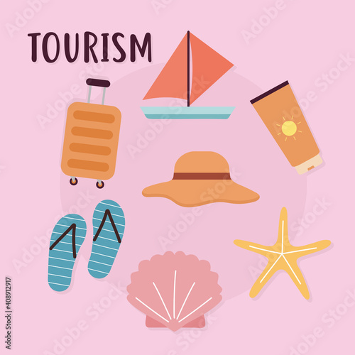 tourism lettering and set of travel icons