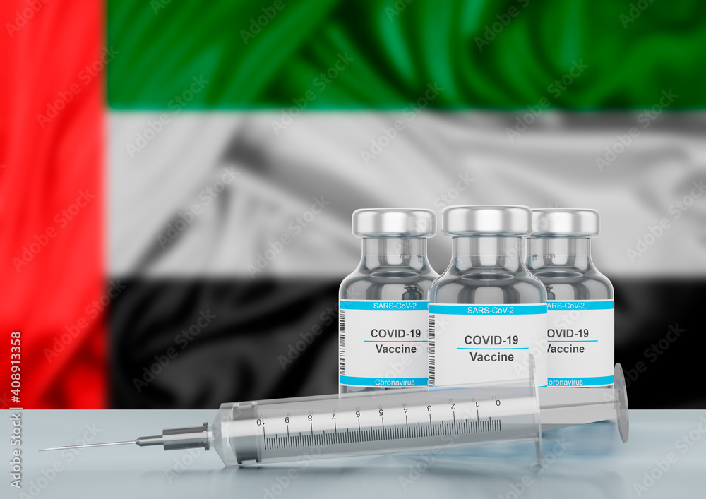 concept Covid-19 immunization vaccine in United Arab Emirates, a disease caused by the sars-cov-2 coronavirus. Syringe on United Arab Emirates flag