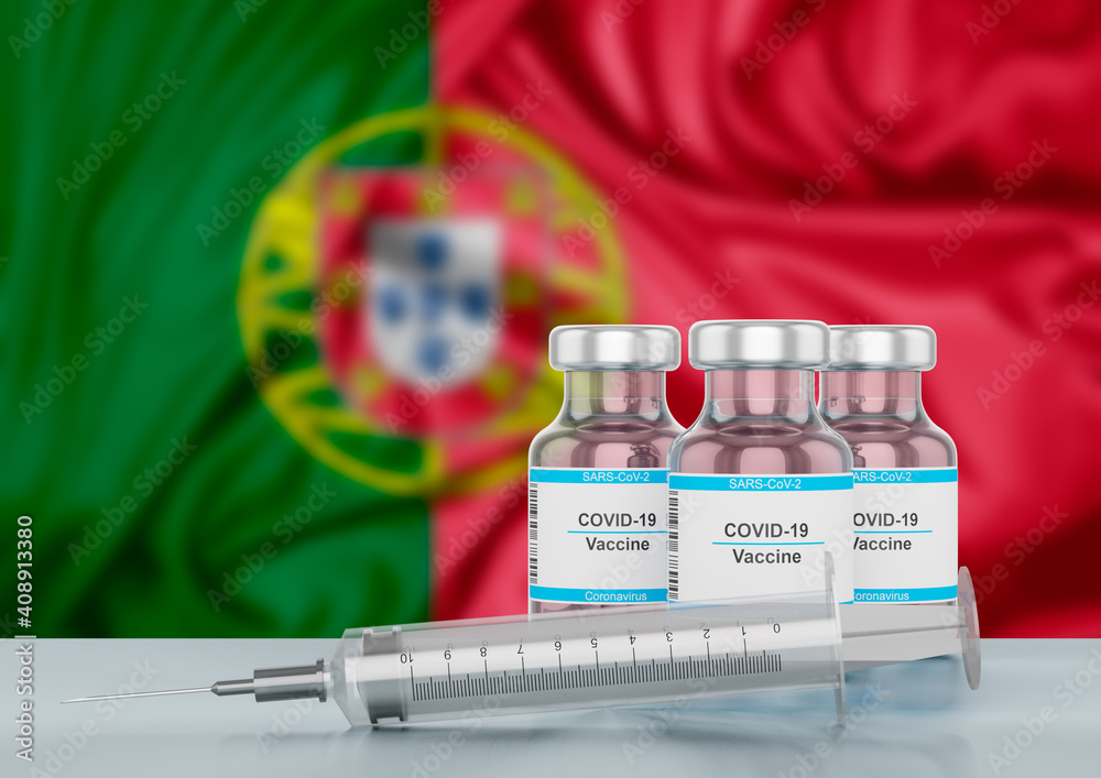 concept Covid-19 immunization vaccine in Portugal, a disease caused by the sars-cov-2 coronavirus. Syringe on Portugal flag