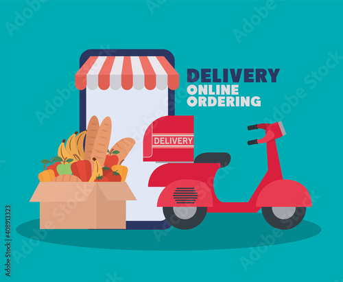 delivery online ordering lettering and set of online ordering and delivery icons and one box full of market products