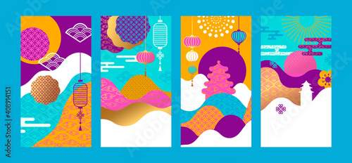 Gold asian background modern minimalist card set