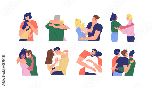 Diverse people hug together cartoon set collection