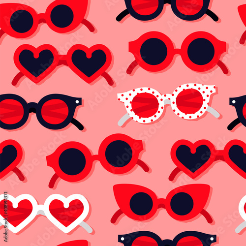 Red heart shape sunglasses seamless pattern