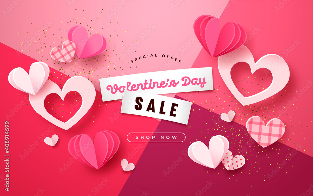 Valentine's Day pink paper cut heart sale template