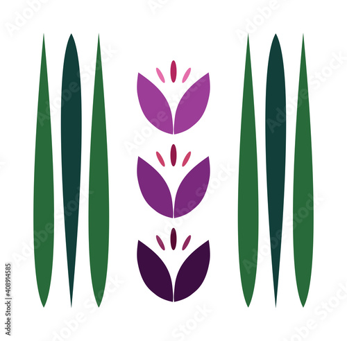 Three purple vintage flowers lined up line art