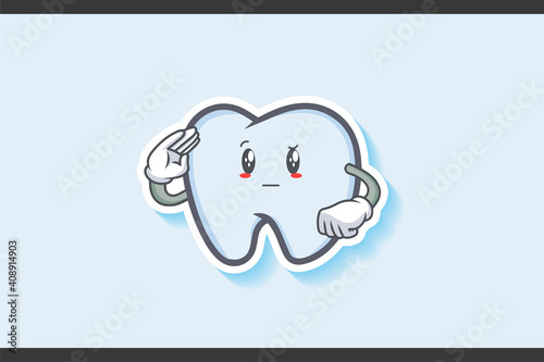 REALLY, ATTENTIVE, CURIOS Face Emotion. Salute, Respect Handgun Gesture. Tooth Cartoon Drawing Mascot Illustration.