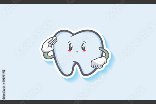 UH , OH, GASP Face Emotion. Salute, Respect Handgun Gesture. Tooth Cartoon Drawing Mascot Illustration.