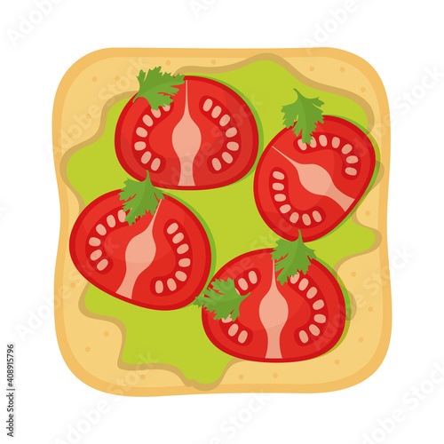 bread with guacamole and tomatoes in the top of it