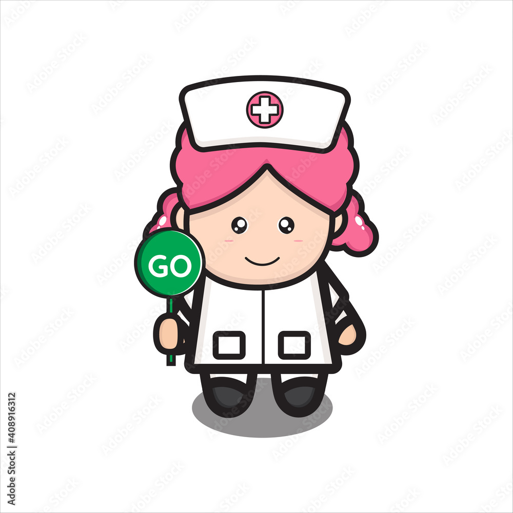 cute nurse masckot with go sign, cute nurse character vector on white background cute nurse masckot with go sign, cute nurse character vector on white background