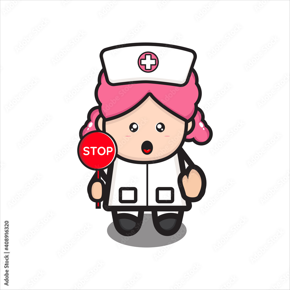 cute nurse masckot with stop sign, cute nurse character vector on white background cute nurse masckot with stop sign, cute nurse character vector on white background