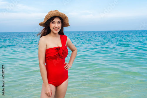 Wallpaper Mural happy woman in sea beach at Koh MunNork Island, Rayong, Thailand Torontodigital.ca