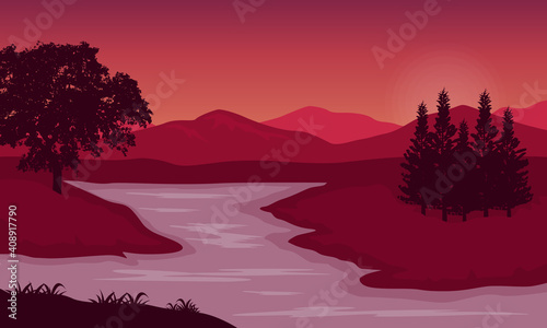 Fantastic sunset scenic on an afternoon in the river bank. Vector illustration