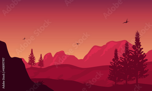 Nice view of nature at sunset on the edge of the city. Vector illustration