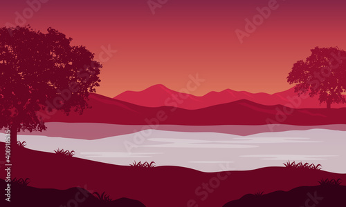 Amazing scenic mountains at sunset on the river bank. Vector illustration