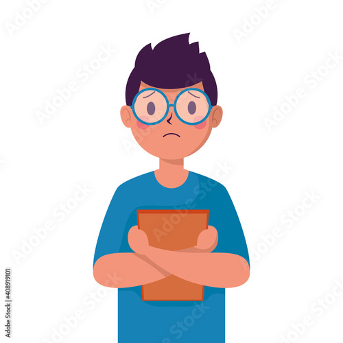 young man victim of bullying with big lens glasses character