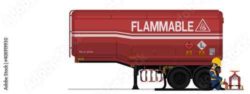 An industrial worker is loading flammable liquid on white background