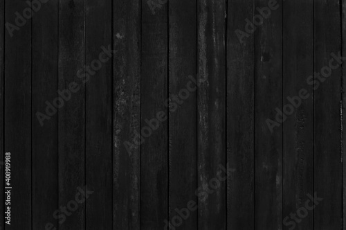 Black wooden plank wall background, texture of dark bark wood with old natural pattern for vintage style design art work.