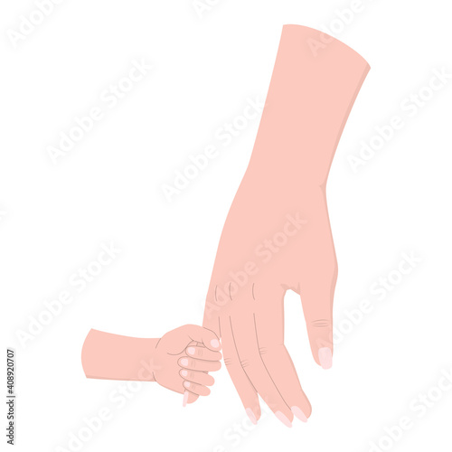 The child holds the hand of the parent. Comforting hands concept.