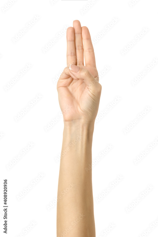 Three fingers folded together. Woman hand gesturing isolated on white Three fingers folded together. Woman hand gesturing isolated on white