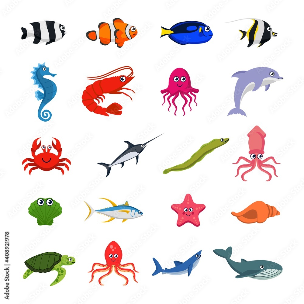 Fototapeta premium Sea animals collection colorful vector illustration isolated on white background