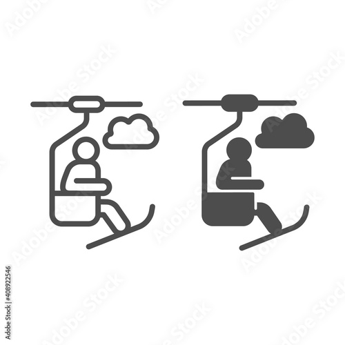 Skier in ski lift and cloud line and solid icon, Winter season concept, cable car sign on white background, Ski basket with person icon in outline style for mobile and web design. Vector graphics.