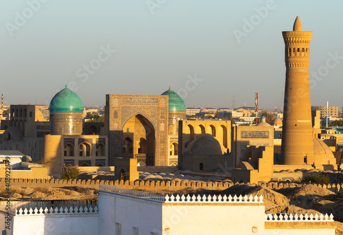Miri Arab Madrasah and Kalon Minaret in Po-i-Kalyan Complex in Bukhara, Uzbekistan. Also know as Mir-i-Arab Madrasa and Kalan Minaret.