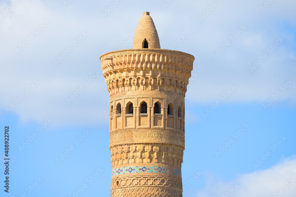 Great Minaret of the Kalon top close view. Kalyan Minaret is located in Poi Kalan Complex in Bukhara, Uzbekistan.